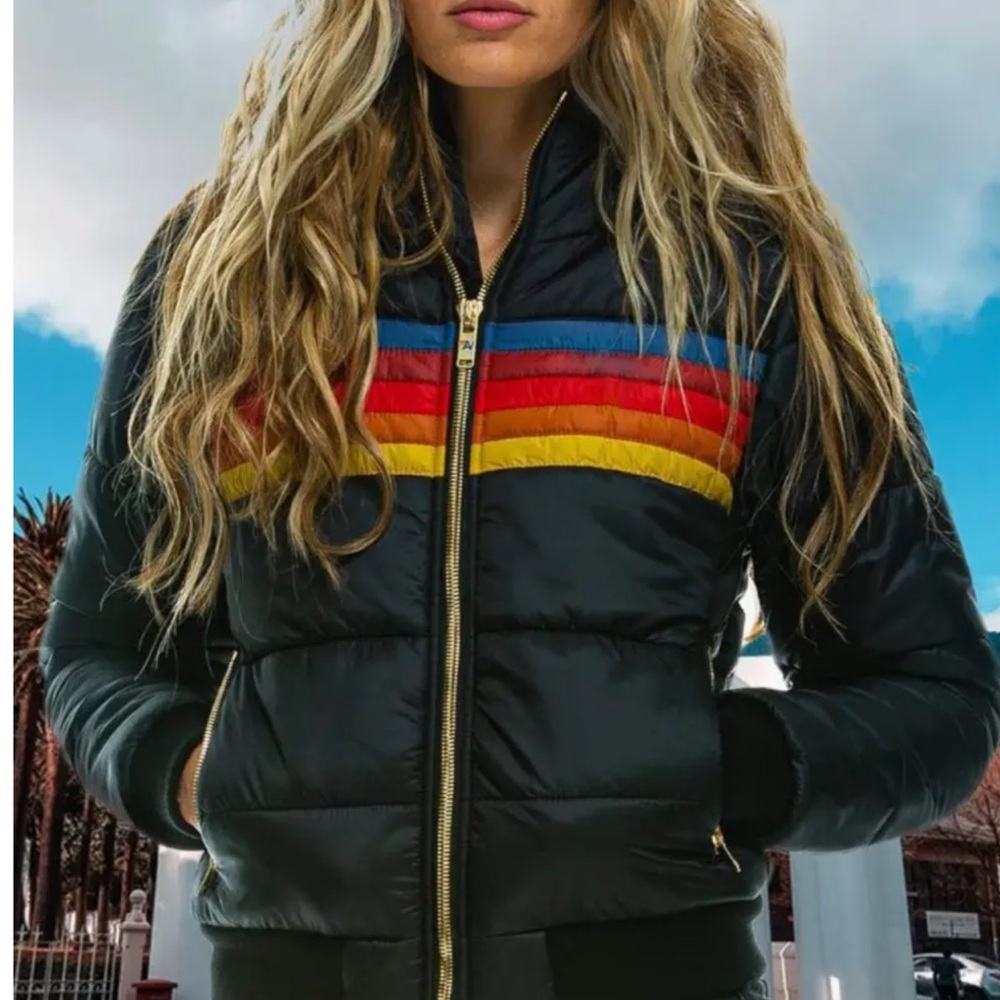 SALE 1 left New!Retro Women's Black Puffer Jacket with Rainbow Stripes - Picture 2 of 8